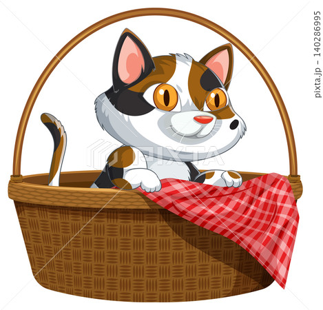 Calico Kitten Sitting in Wicker Basket with Blanket Calico Kitten Sitting in Wicker Basket with Blanket 140286995