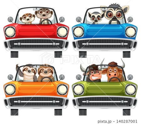 Cartoon Animals Driving Colorful Cars Front View Vector Set Cartoon Animals Driving Colorful Cars Front View Vector Set 140287001