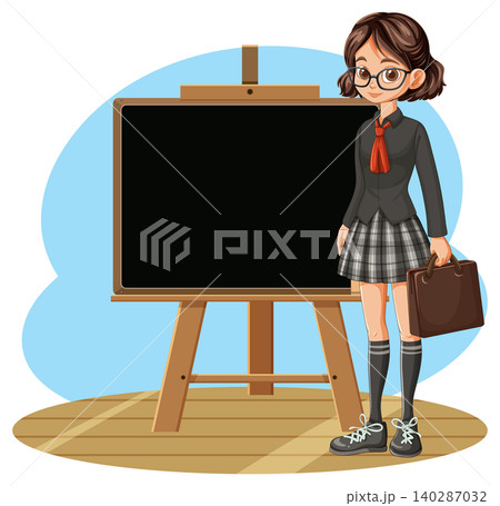 Schoolgirl Standing Beside Blank Blackboard on Easel Schoolgirl Standing Beside Blank Blackboard on Easel 140287032