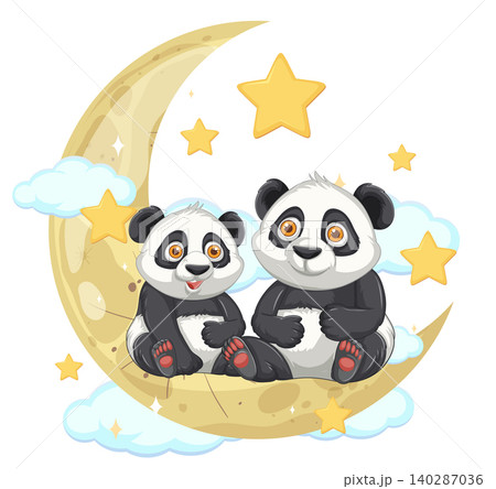 Two Cute Pandas Sitting on Crescent Moon with Stars Two Cute Pandas Sitting on Crescent Moon with Stars 140287036