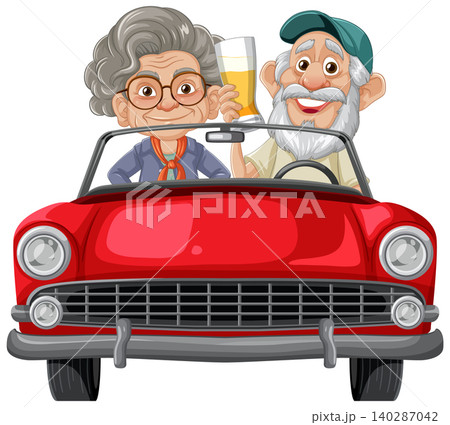 Senior Couple Driving Classic Red Convertible Car Senior Couple Driving Classic Red Convertible Car 140287042