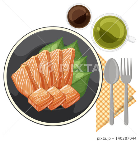 Salmon Sashimi with Green Tea and Soy Sauce Overhead Salmon Sashimi with Green Tea and Soy Sauce Overhead 140287044