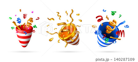 Set of 3d party poppers with colorful confetti 140287109