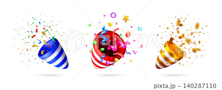 3D party popper icons with colorful confetti 3D party popper icons with colorful confetti 140287110