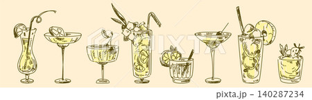 Tropical drinks collection in doodle sketch style 140287234