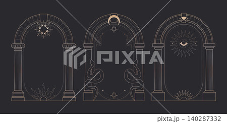 Celestial arch frames set with mystic moon, sun 140287332