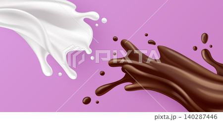 Milk and chocolate splashes on pink background 140287446