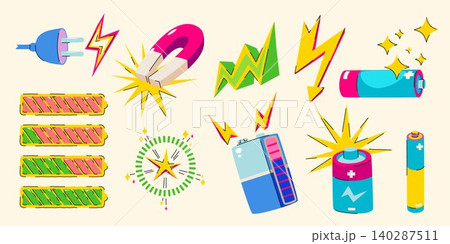 Retro sticker set, energy bar icon, lightning bolt Retro sticker set, energy bar icon, lightning bolt 140287511