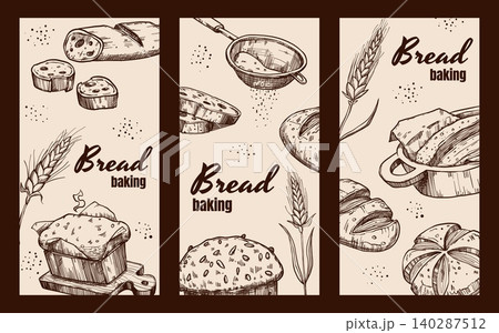 Hand drawn bakery sketch, engraved backgrounds Hand drawn bakery sketch, engraved backgrounds 140287512