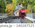 森を抜けて神駅へ上ってくる2両編成の英彦山スロープカー 140287525