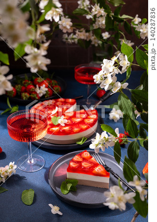Strawberry mousse cake slices with drinks and jasmine flowers Strawberry mousse cake slices with drinks and jasmine flowers 140287836