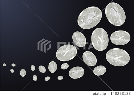 Vector illustration of Indian currency, featuring a wave of flying and falling silver metallic one rupee coins. Detailed coins showing the Lion Capital of Ashoka emblem and nominal value floating on a 140288188