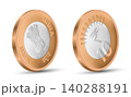 Vector illustration of an Indian 10 rupees bimetallic coin from 2012, showing both obverse and reverse sides at a 3D angled perspective. Detailed golden and silver metallic coin design featuring the L 140288191