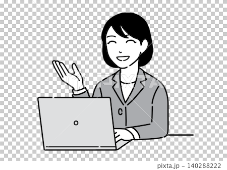 パソコンの前で手を差し伸べて説明するスーツ姿の若い女性 会社員 パソコンの前で手を差し伸べて説明するスーツ姿の若い女性 会社員 140288222