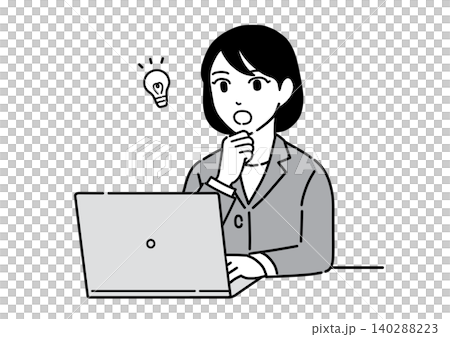 パソコンの前で顎に手を当ててひらめくスーツ姿の若い女性 会社員 パソコンの前で顎に手を当ててひらめくスーツ姿の若い女性 会社員 140288223