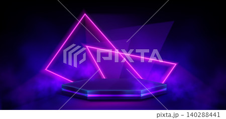 Hexagon purple podium stage, neon glowing shapes Hexagon purple podium stage, neon glowing shapes 140288441