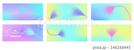 Vivid bright flower silhouettes with bold blur and abstract blossom in summer mood. Multicolor neon gradient background set in purple blue and yellow for slide cover. Vector slide collection for deck 140288445