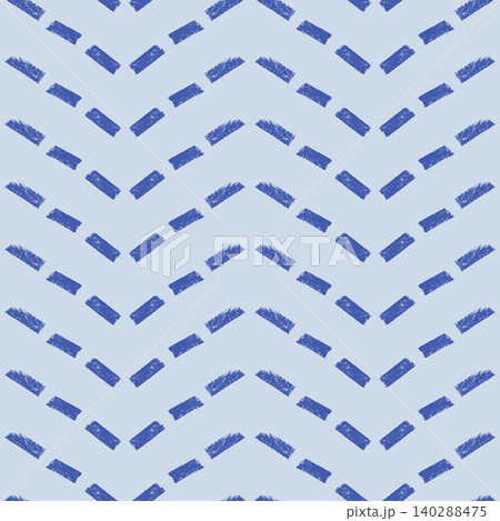 Crayon dash zigzag lines blue seamless pattern. Chalk freehand uneven streaks pattern design. Abstract sea wave ornament bg. Hand drawn line texture. Vector hand drawn doodle strips decor background 140288475