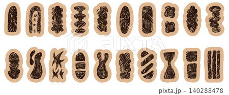 Rustic craft paper figures with charcoal scribble doodle for scrapbook. Black hand drawn abstract shapes on torn beige paper and cutout backing. Vector geometric craft set with naive charcoal edge Rustic craft paper figures with charcoal scribble doodle for scrapbook. Black hand drawn abstract shapes on torn beige paper and cutout backing. Vector geometric craft set with naive charcoal edge 140288478