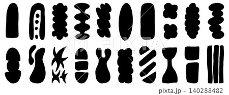Flat black shapes with bold geometric silhouette for modern poster. Simple abstract organic figures and rounded cutout form. Vector minimal geometry shape set isolated on a white background for promo Flat black shapes with bold geometric silhouette for modern poster. Simple abstract organic figures and rounded cutout form. Vector minimal geometry shape set isolated on a white background for promo 140288482