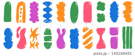 Vibrant geometric shapes with glossy flat finish for playful kid poster. Bold green and orange abstract figures and smooth rounded organic forms. Vector kindergarten shape set in vibrant geometry look 140288485