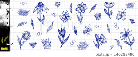 Wild quirky flower doodle with hand drawn daisy and wildflower sketch. Blue ballpoint pen floral scribble with naive bee for notebook page. Childish vector floral illustration on grid paper backdrop Wild quirky flower doodle with hand drawn daisy and wildflower sketch. Blue ballpoint pen floral scribble with naive bee for notebook page. Childish vector floral illustration on grid paper backdrop 140288490