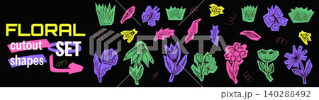 Playful flower cutout shapes with daisy poppy and tulip for festive collage. Funky floral doodles in green purple and pink on dark background. Naive vector flowers cutout set for kids scrapbook zine 140288492