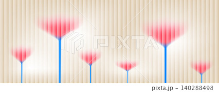 Playful flower ribbed glass effect with smooth gradation and blur. Row of pink poppy blooms on neutral beige ribbed wall. Vector tulip flower backdrop with frosted glass for greeting card or promo 140288498
