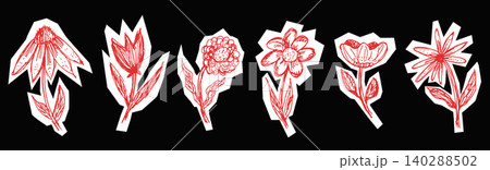 Bold flower cutout prints with daisy poppy and tulip for striking collage. Hand drawn floral ink shapes in vivid red on white paper. Naive vector flower cutout set isolated for sticker sheet for scrap Bold flower cutout prints with daisy poppy and tulip for striking collage. Hand drawn floral ink shapes in vivid red on white paper. Naive vector flower cutout set isolated for sticker sheet for scrap 140288502