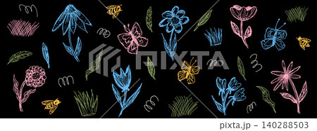 Playful pencil flower with pastel scribble daisy and doodle butterfly. Hand drawn poppy and colorful crayon bee for kids party card. Funky vector floral illustration set isolated on black background 140288503