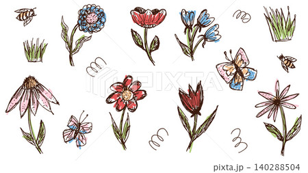Cute childish flower doodle with hand drawn daisy and scribble sketch. Pink red coneflower with blue tulip and bee for spring card. Soft vector floral set illustration isolated on white background Cute childish flower doodle with hand drawn daisy and scribble sketch. Pink red coneflower with blue tulip and bee for spring card. Soft vector floral set illustration isolated on white background 140288504
