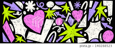 Geometric crayon shapes. Bright doodle pieces for punk pattern poster or zine cover in neon green pink and purple on a black background with white sketch outlines. Geometric crayon vector set isolated Geometric crayon shapes. Bright doodle pieces for punk pattern poster or zine cover in neon green pink and purple on a black background with white sketch outlines. Geometric crayon vector set isolated 140288523