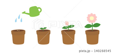 植木鉢で花が育つ成長過程の手描きイラスト 植木鉢で花が育つ成長過程の手描きイラスト 140288545