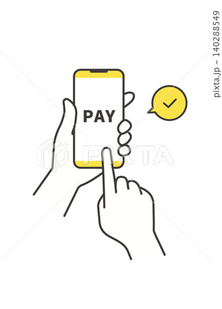 PAYボタンをタップしてスマホ決済を行うイラスト PAYボタンをタップしてスマホ決済を行うイラスト 140288549