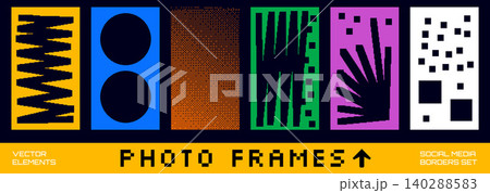Geometric pixel photo frame with bold circle and zigzag border edge. Funky kid photo box and halftone dither on pixelated mobile layout. Vector social media frame set for trendy giveaway post Geometric pixel photo frame with bold circle and zigzag border edge. Funky kid photo box and halftone dither on pixelated mobile layout. Vector social media frame set for trendy giveaway post 140288583