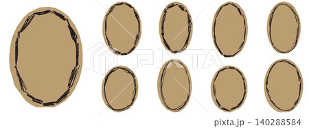 Oval frame set with rough crayon scrapbook border on paper cutout ellipse. Round oval frame for collage and journal sticker with hand drawn texture. Vector border elements in craft paper cutout 140288584