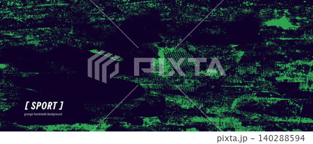 Sport grunge with punk splash and paint splatter on dark panel. Distress paper grange poster, gritty texture in green dark blue. Vector sporty grunge for merch print or trendy promotion design bg 140288594