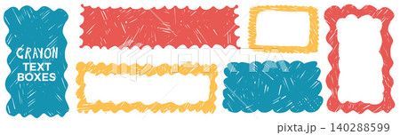 Crayon funky rectangle frames and text boxes. Quote square borders featuring squiggly scalloped edges, ideal for sticker, postcards and fun graphic design. Vector pencil rectangular geometric callout 140288599