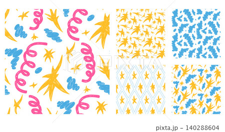 Birthday seamless patterns set. Festive holiday doodle with crayon streamers, stars and cloud for childish party decor. Curly coils and scribbled blue clouds in a seamless. Pattern with playful motif Birthday seamless patterns set. Festive holiday doodle with crayon streamers, stars and cloud for childish party decor. Curly coils and scribbled blue clouds in a seamless. Pattern with playful motif 140288604