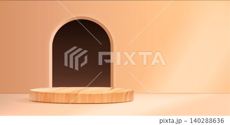 Wooden podium and arch on beige background 140288636