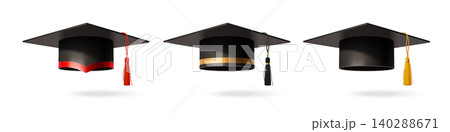Realistic black mortar boards with color tassels Realistic black mortar boards with color tassels 140288671