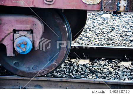 Close-Up of Train Wheel on Railway Track 140288739