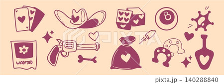 Doodle set of western girl cowboy elements Doodle set of western girl cowboy elements 140288840