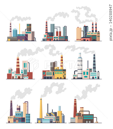 Icon set of industrial factory. Manufactory industrial buildings refinery factorys or nuclear power stations. Complex of chemical plants buildings isolated on white background 140288947