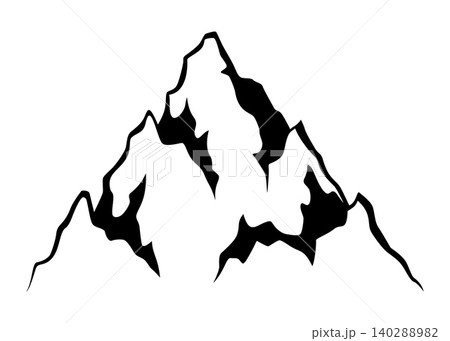 Black mountain, hill and rock silhouette. Vector rocky range and ridge with snow peaks and tops. Mountain nature landscape silhouette, hiking sport, tourism, outdoor adventure and camping themes Black mountain, hill and rock silhouette. Vector rocky range and ridge with snow peaks and tops. Mountain nature landscape silhouette, hiking sport, tourism, outdoor adventure and camping themes 140288982