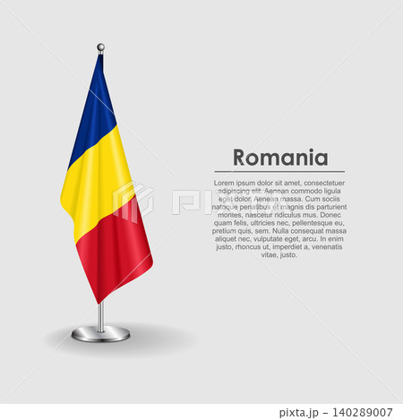 Romanian national flag on a metallic vertical stand. Vector illustration. 140289007