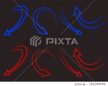 Glowing neon arrow set, blue red curvy pointers 140289446