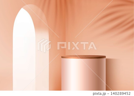 Wood podium with empty arch window, natural light Wood podium with empty arch window, natural light 140289452