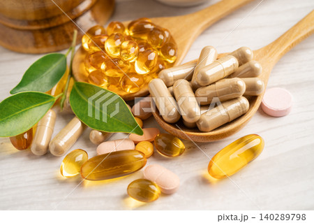 Alternative medicine herbal organic capsule drug herb. 140289798