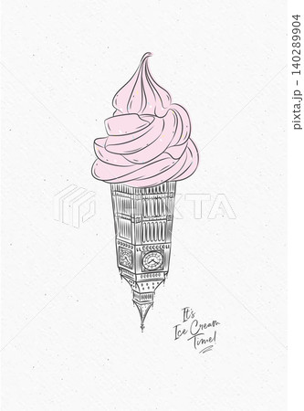 Big Ben clock tower reimagined as surreal ice cream cone poster with lettering drawing on watercolor paper background 140289904